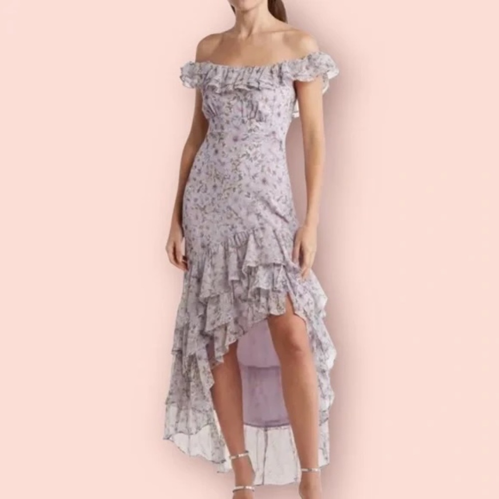 ASTR the Label New Floral Ruffles Off Shoulder High Low Maxi Dress wedding guest